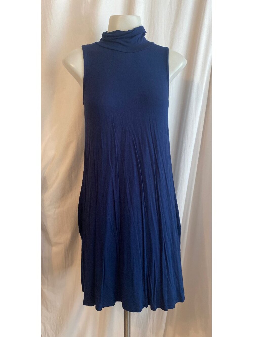 Alya Navy Blue Sleeveless Turtleneck Swing Dress XS Rayon Modal
